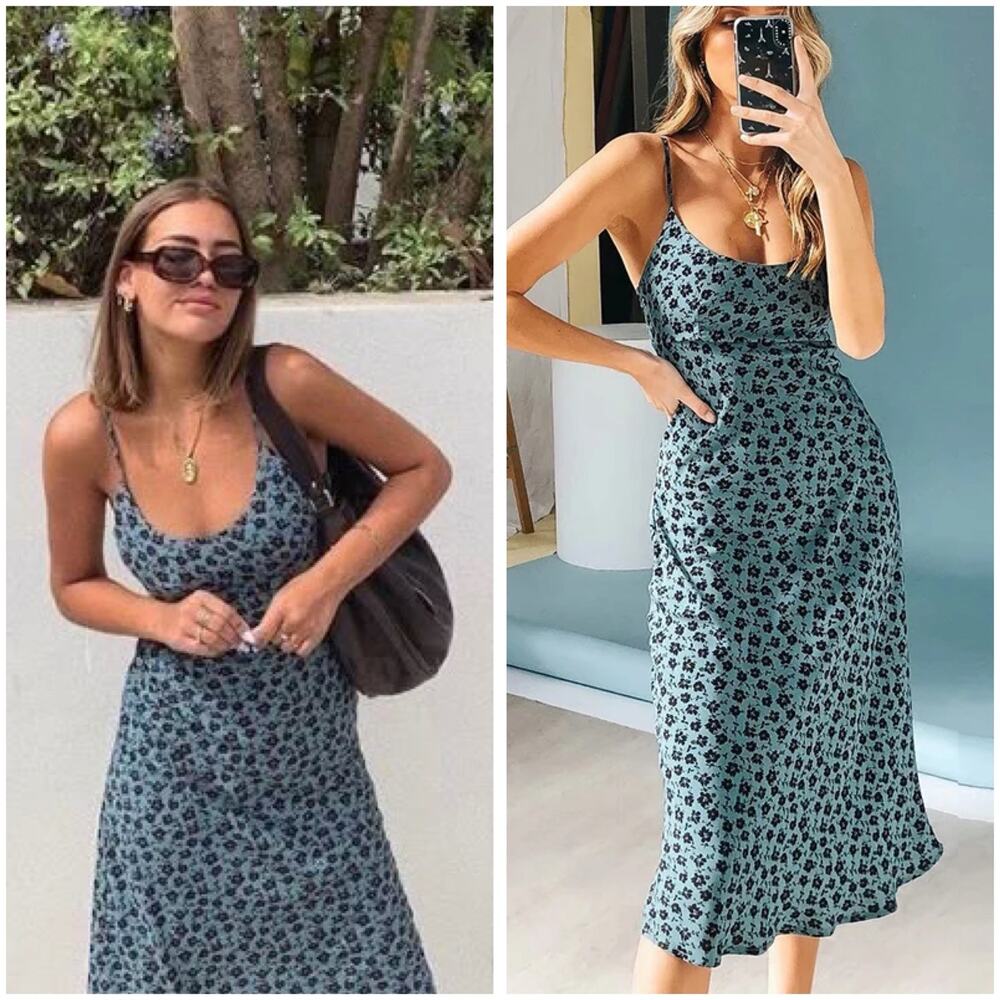 Verge Girl Teal Brown Floral Aline Midi Slip Dress Size 6 Girly Feminine